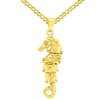 Load image into Gallery viewer, Solid 14K Yellow Gold Dangling Seahorse Pendant With Cable, Curb or Figaro Chain Necklace
