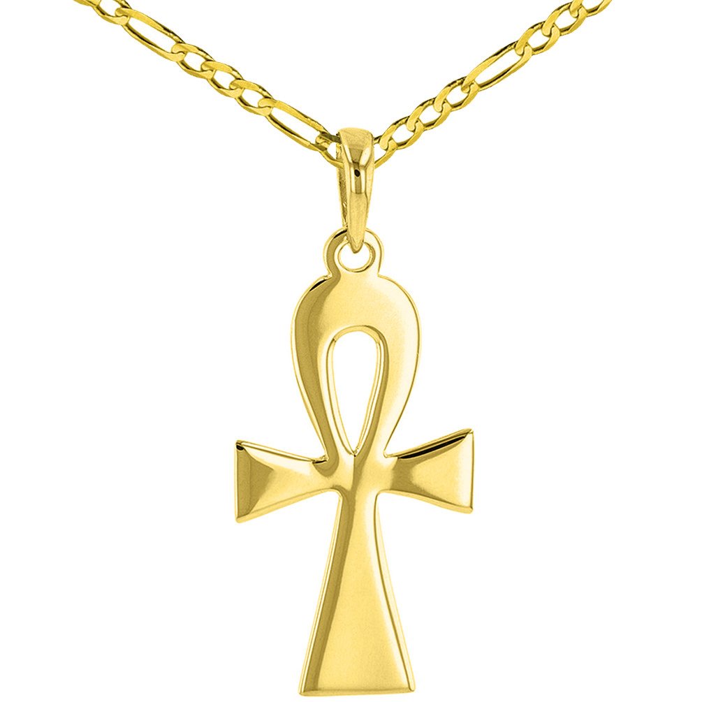 Solid 14K Yellow Gold Egyptian Ankh Cross Pendant Necklace with Figaro Chain Necklace