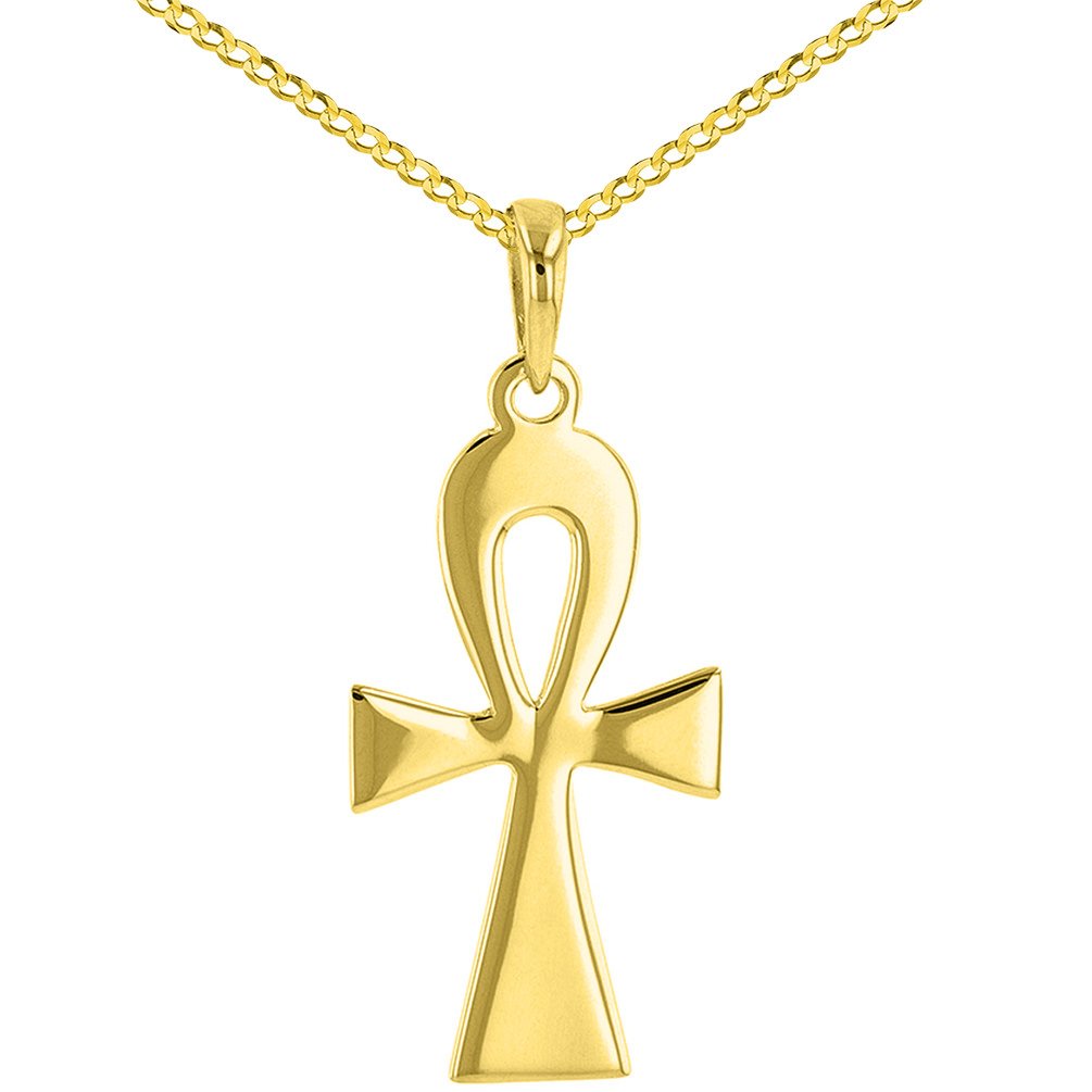 Solid 14K Yellow Gold Egyptian Ankh Cross Pendant Necklace with Cuban Concave Curb Chain Necklace
