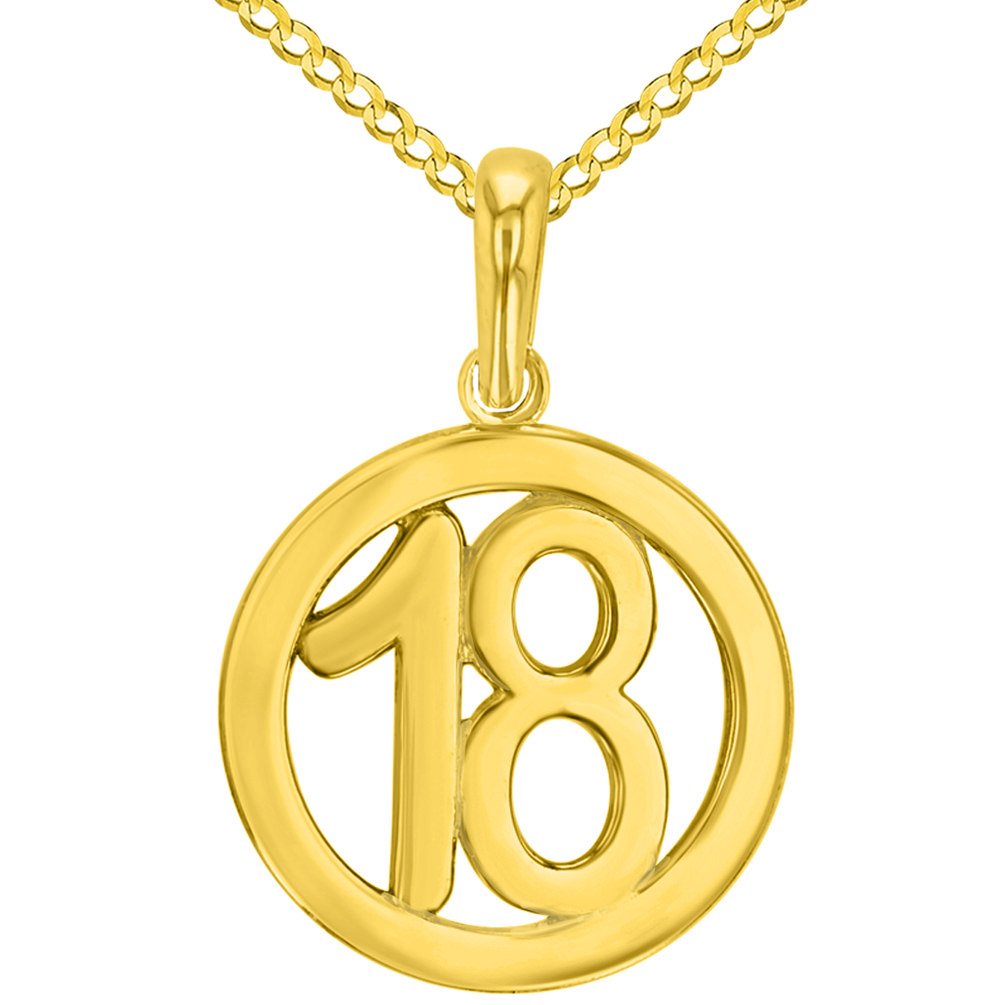 Solid 14K Yellow Gold Round Number Eighteen Charm Pendant with Cuban Chain Necklace