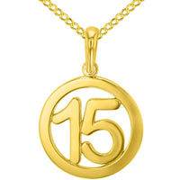 Load image into Gallery viewer, Solid 14K Yellow Gold Round Number Fifteen Charm Pendant with Cuban Chain Necklace
