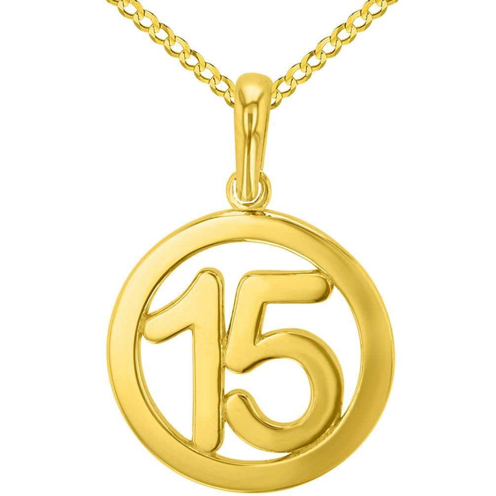 Solid 14K Yellow Gold Round Number Fifteen Charm Pendant with Cuban Chain Necklace