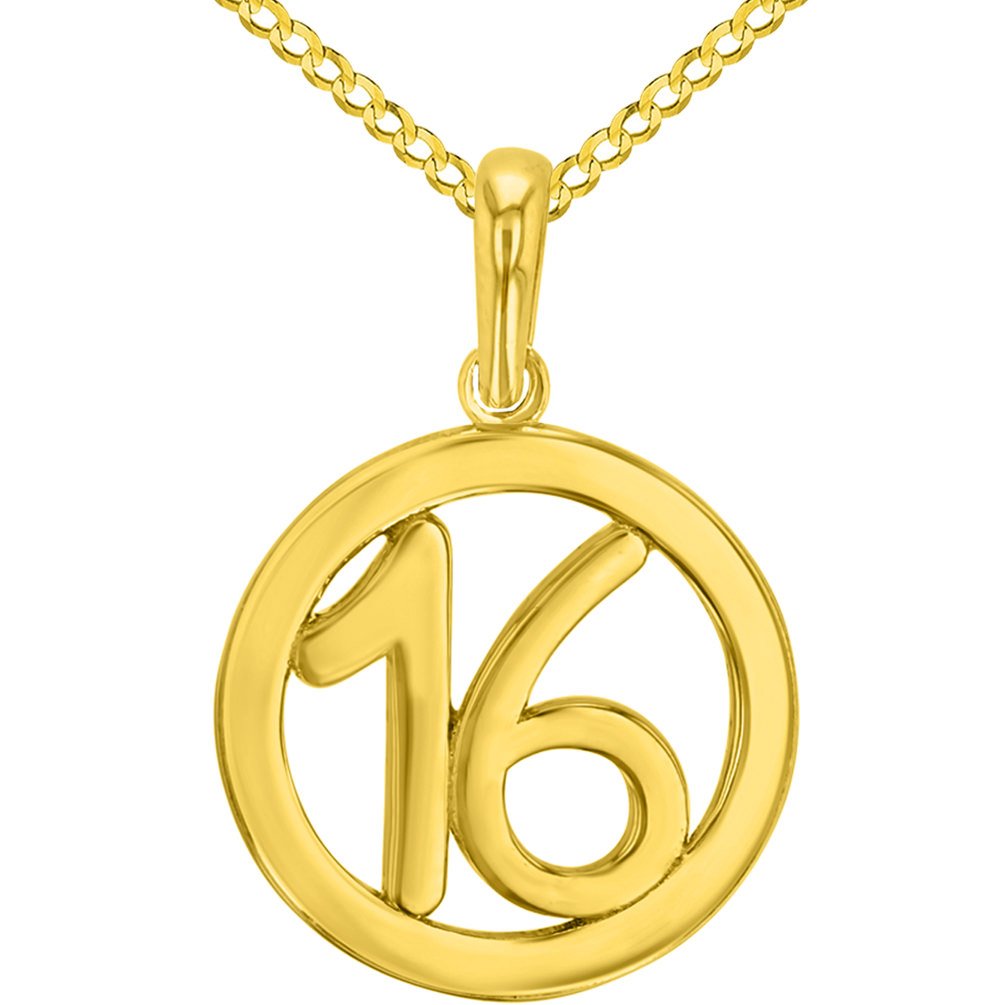 Solid 14K Yellow Gold Round Number Sixteen Charm Pendant with Cuban Chain Necklace