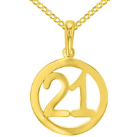 Load image into Gallery viewer, Solid 14K Yellow Gold Round Number Twenty One Charm Pendant with Cuban Chain Necklace
