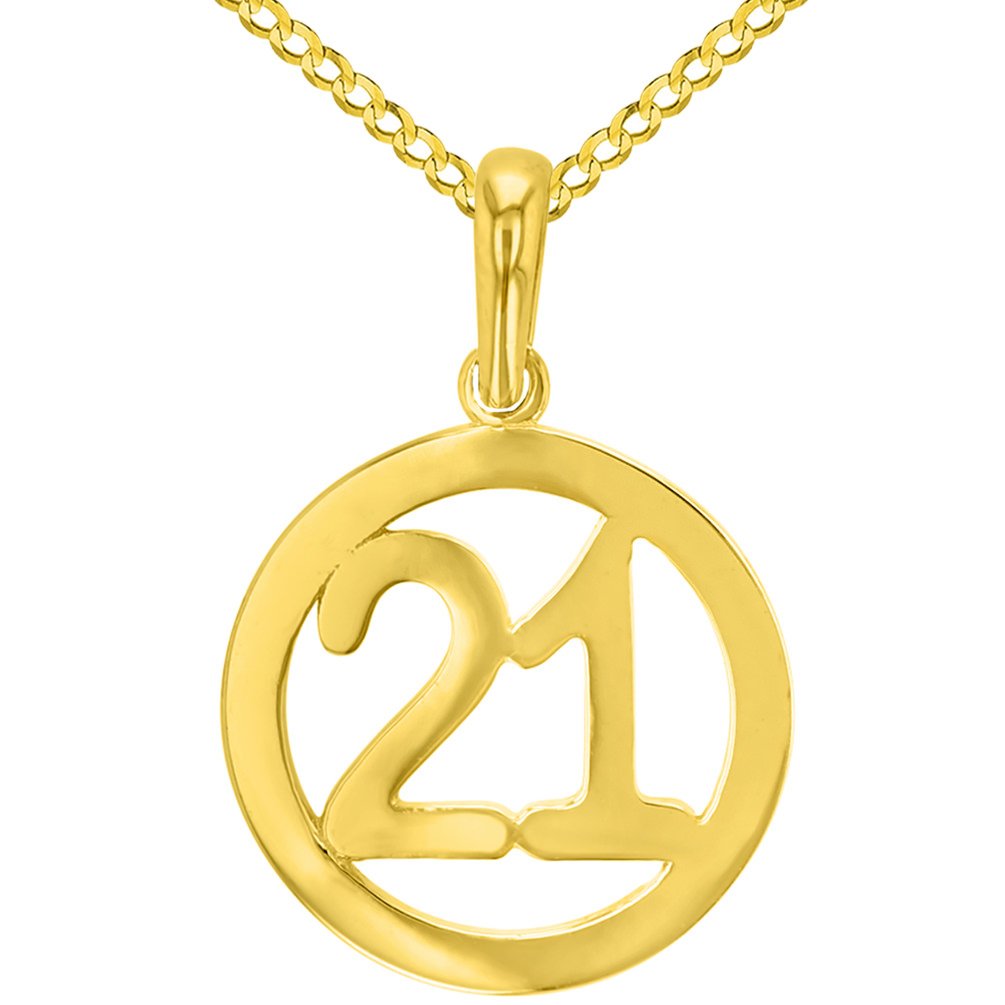 Solid 14K Yellow Gold Round Number Twenty One Charm Pendant with Cuban Chain Necklace