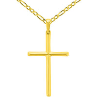 Load image into Gallery viewer, Solid 14K Yellow Gold Slender Plain Cross Charm Pendant Necklace Figaro Chain Necklace with High Polish
