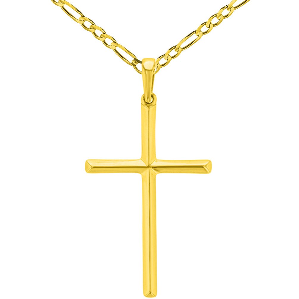 Solid 14K Yellow Gold Slender Plain Cross Charm Pendant Necklace Figaro Chain Necklace with High Polish