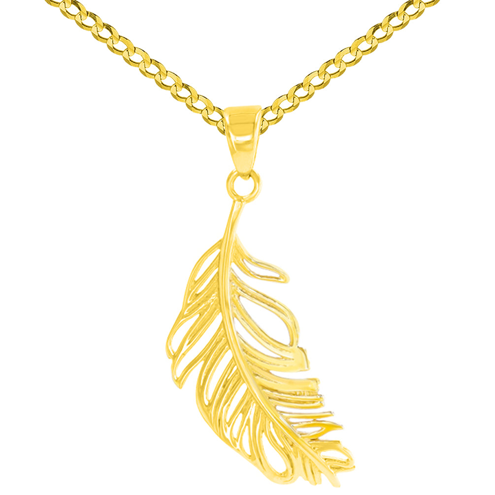 Solid 14K Yellow Gold Textured Feather Charm Pendant Necklace