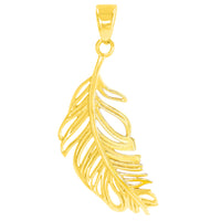 Load image into Gallery viewer, Solid 14K Yellow Gold Textured Feather Charm Pendant Necklace with Cuban Chain
