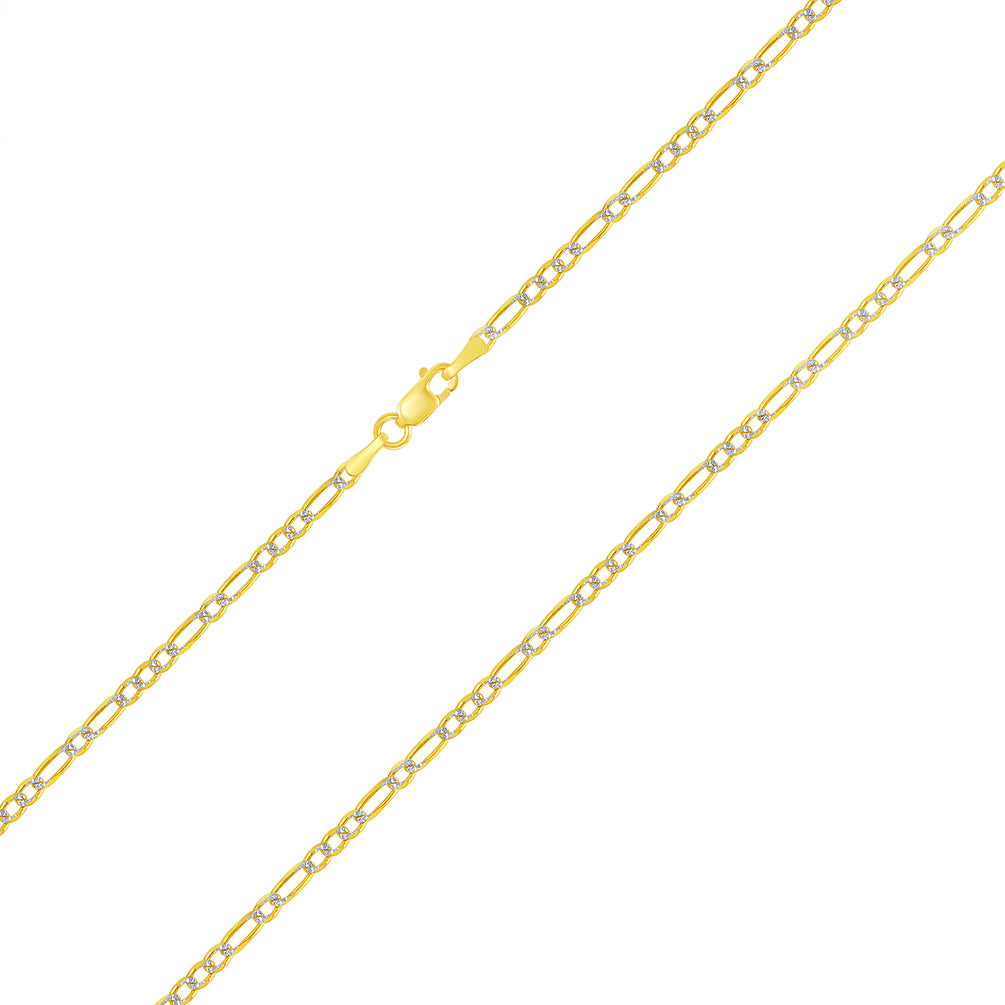 Solid 14k Yellow Gold 2mm Figaro Link Two-Tone Pave Chain Necklace with Lobster Clasp