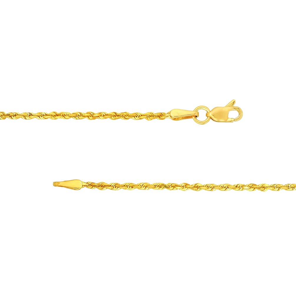 Solid 14k Yellow Gold 2.5mm Rope Chain Necklace with Lobster Claw - Diamond Cut Finish