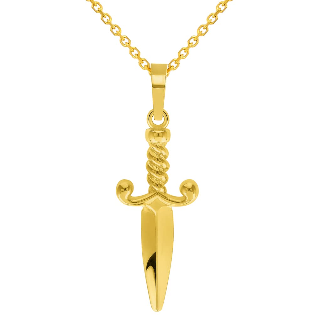 Solid 14k Yellow Gold 3D Dagger Knife Pendant with Cable, Curb, or Figaro Chain Necklaces