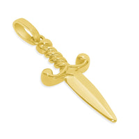 Load image into Gallery viewer, Solid 14k Yellow Gold 3D Dagger Knife Pendant with Cable, Curb, or Figaro Chain Necklaces
