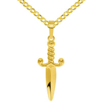 Load image into Gallery viewer, Solid 14k Yellow Gold 3D Dagger Knife Pendant with Cable, Curb, or Figaro Chain Necklaces

