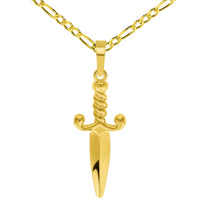 Load image into Gallery viewer, Solid 14k Yellow Gold 3D Dagger Knife Pendant with Cable, Curb, or Figaro Chain Necklaces

