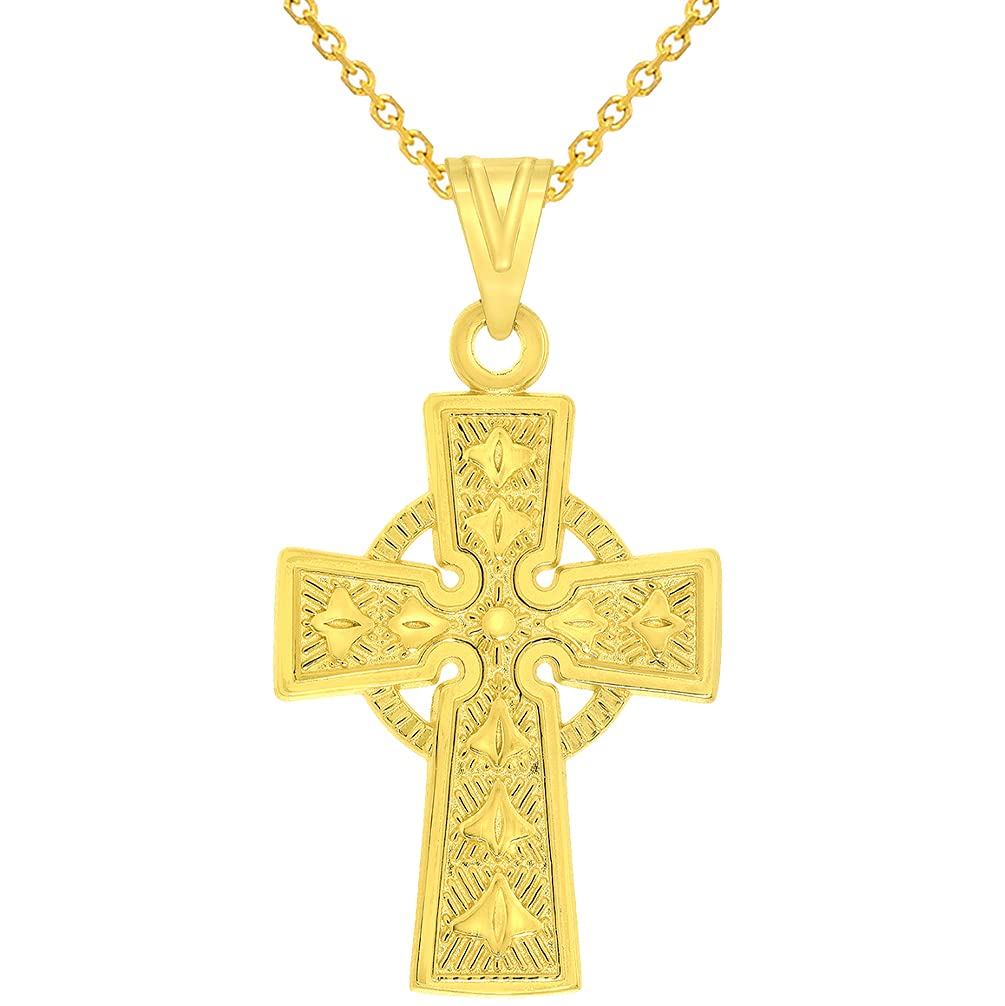Solid 14k Yellow Gold Elegant Trinity Knot Celtic Cross Pendant with Rolo Cable, Cuban Curb, or Figaro Chain Necklaces