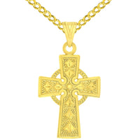 Load image into Gallery viewer, Solid 14k Yellow Gold Elegant Trinity Knot Celtic Cross Pendant with Rolo Cable, Cuban Curb, or Figaro Chain Necklaces
