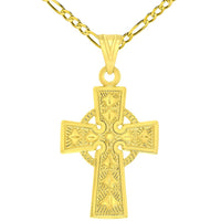 Load image into Gallery viewer, Solid 14k Yellow Gold Elegant Trinity Knot Celtic Cross Pendant with Rolo Cable, Cuban Curb, or Figaro Chain Necklaces

