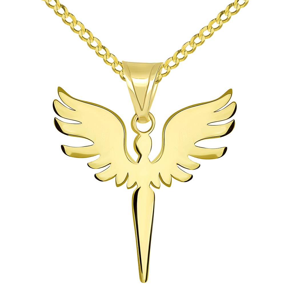 Solid 14k Yellow Gold Guardian Angel Archangel Silhouette Pendant with Cuban Necklace