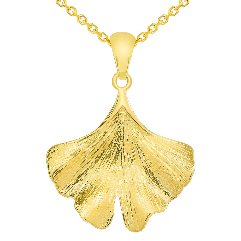 Solid 14k Yellow Gold Japanese Ginkgo Biloba Leaf Pendant Necklace Available with Cable, Curb, or Figaro Chain