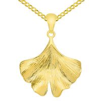 Load image into Gallery viewer, Solid 14k Yellow Gold Japanese Ginkgo Biloba Leaf Pendant Necklace Available with Cable, Curb, or Figaro Chain
