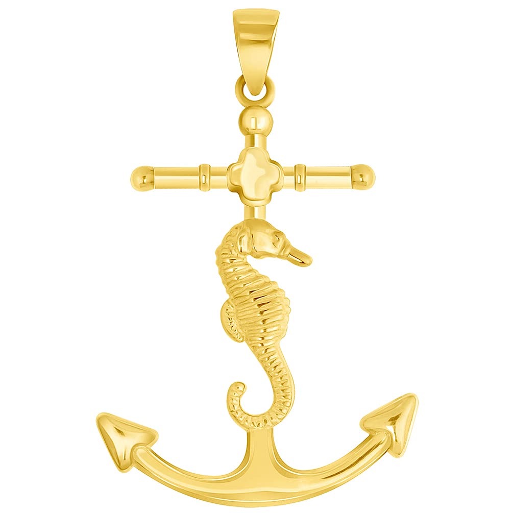 Solid 14k Yellow Gold Nautical Anchor with Seahorse Pendant