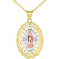 Load image into Gallery viewer, Solid 14k Tri-Color Gold Oval Our Lady of Guadalupe Medallion Pendant Necklace
