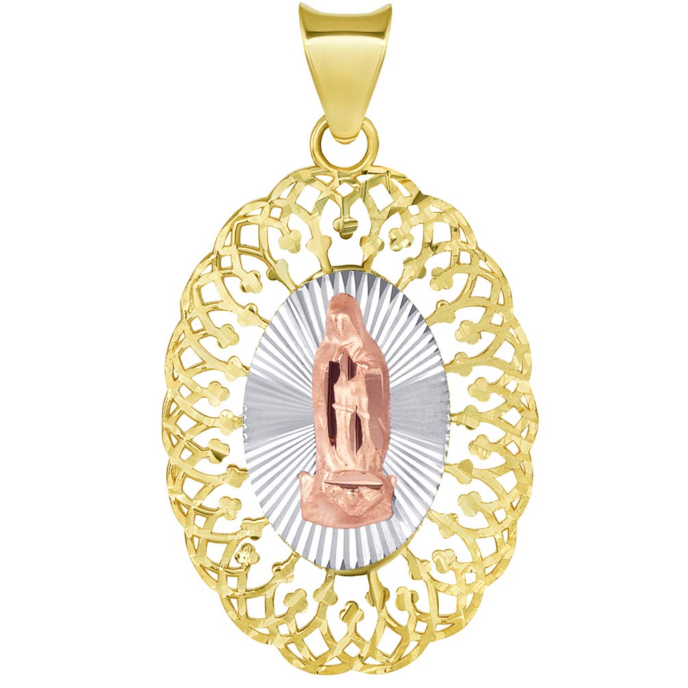 Solid 14k Tri-Color Gold Oval Our Lady of Guadalupe Medallion Pendant