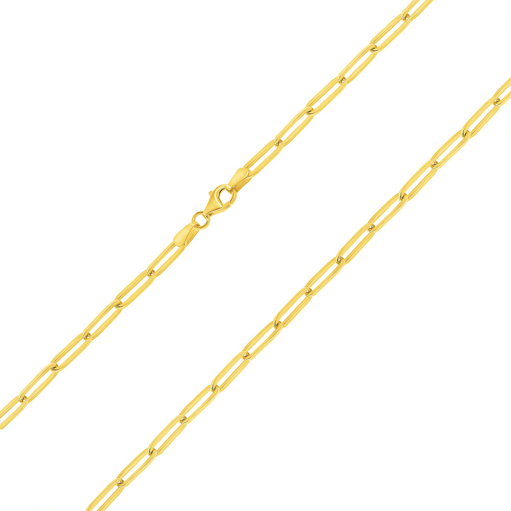 Solid 14k Yellow Gold Polished 3mm Paperclip Chain Link Necklace with Lobster Clasp