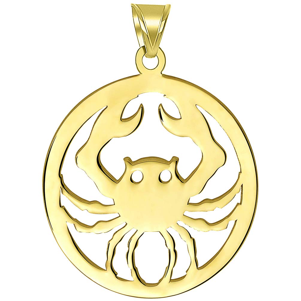 Solid 14k Yellow Gold Round Cancer Zodiac Sign Crab Disc Pendant