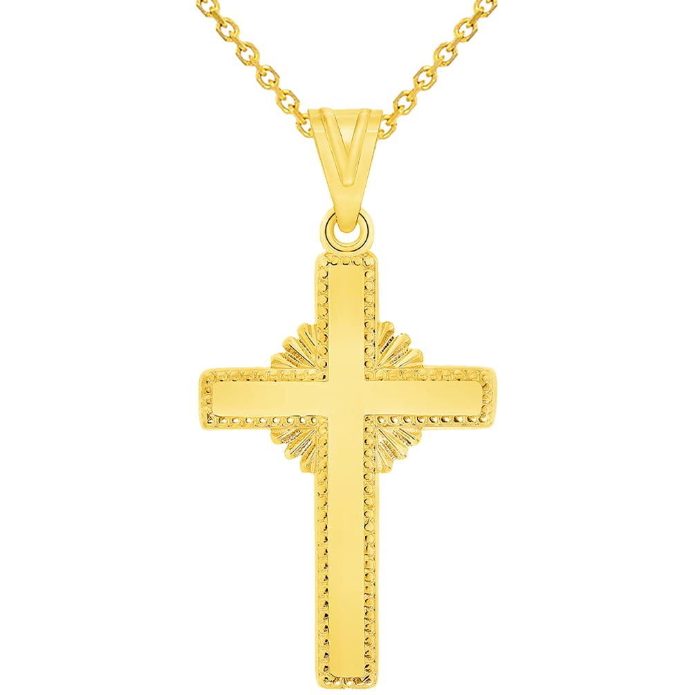 Solid 14k Yellow Gold Shining Religious Cross Pendant with Rolo Cable, Cuban Curb, or Figaro Chain Necklaces