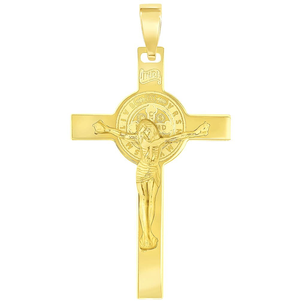 Solid 14k Yellow Gold St. Benedict Crucifix INRI Jesus Cross Pendant (1.65")