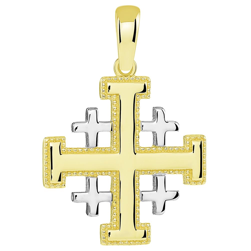 Solid 14k Yellow Gold Two Tone Crusaders Jerusalem Cross Pendant