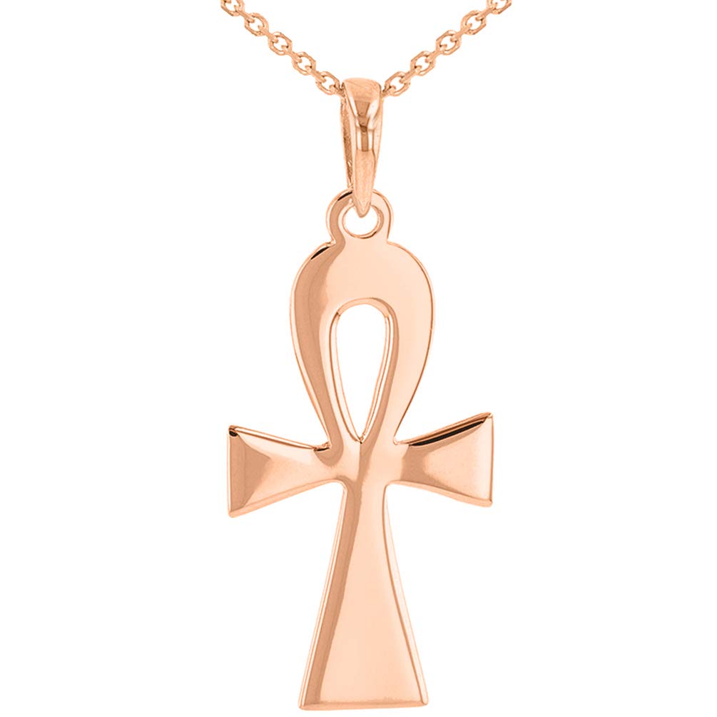 Solid 14k Rose Gold Egyptian Ankh Cross Pendant with Rolo Chain Necklace