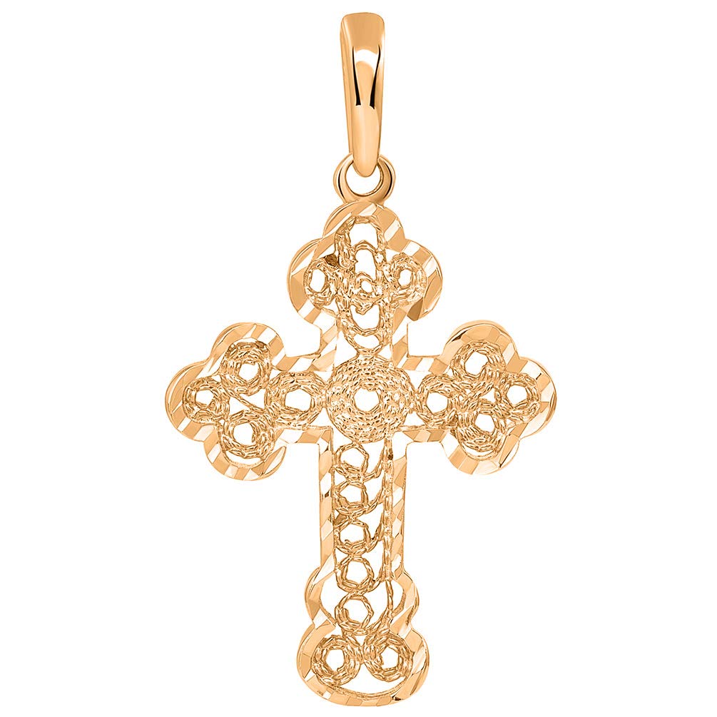 Solid 14k Rose Gold Filigree Eastern Orthodox Cross Pendant