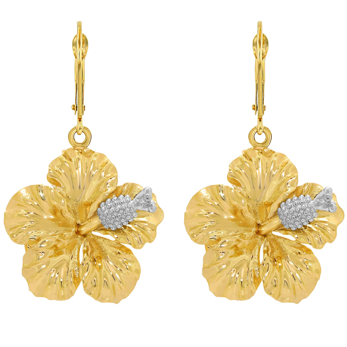 14k Solid Gold Hibiscus Charm Textured Flower Earrings with Leverback - Two-Tone Gold