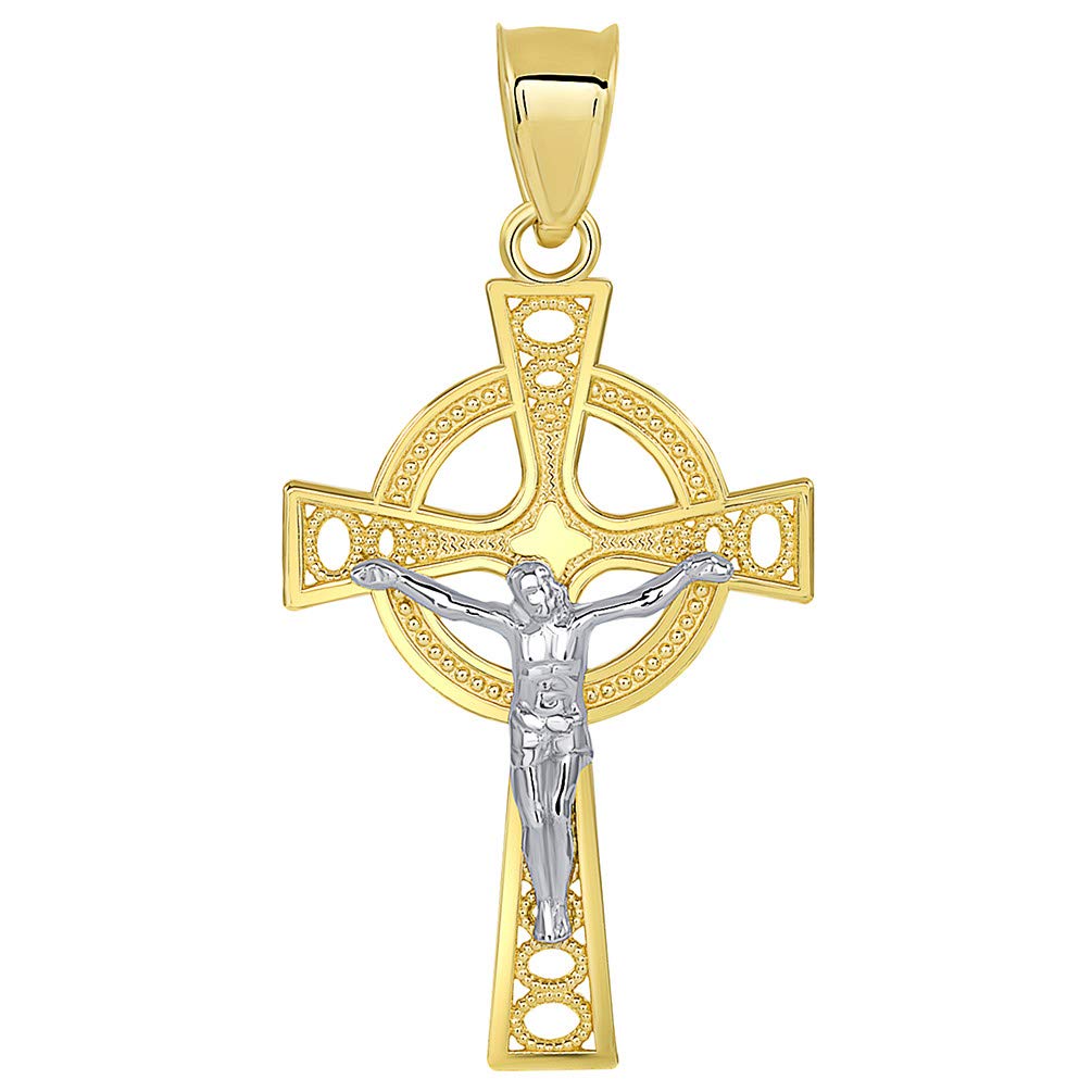 Solid 14k Two Tone Gold Celtic Cross Jesus Crucifix Pendant