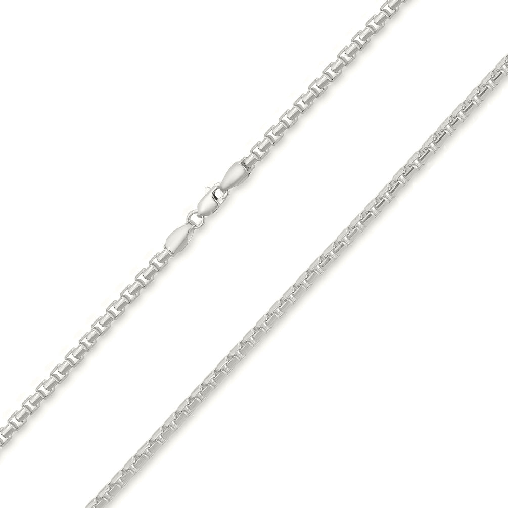 Solid 14k White Gold 1.7mm Round Box Link Chain Necklace with Lobster Claw Clasp (High Polish)