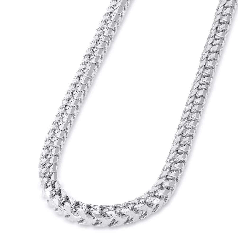 Solid 14k White Gold D/C 5.5mm Franco Link Chain Necklace with Lobster Claw Clasp