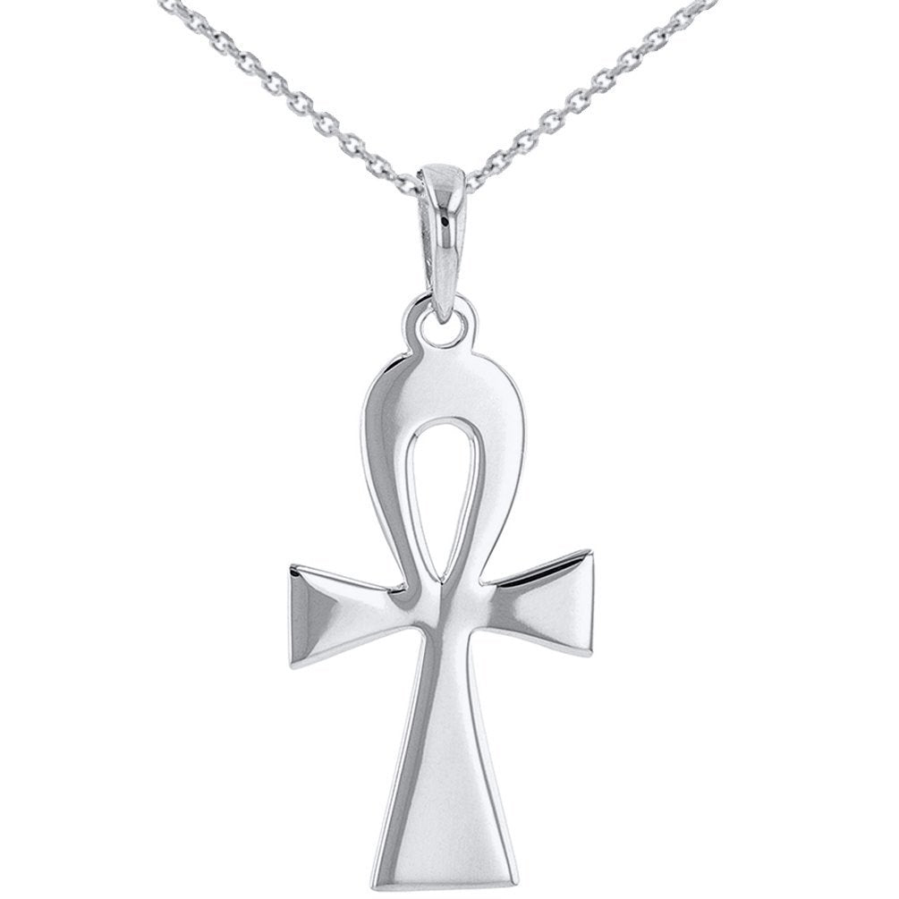 Solid 14k White Gold Egyptian Ankh Cross Pendant Necklace with High Polish