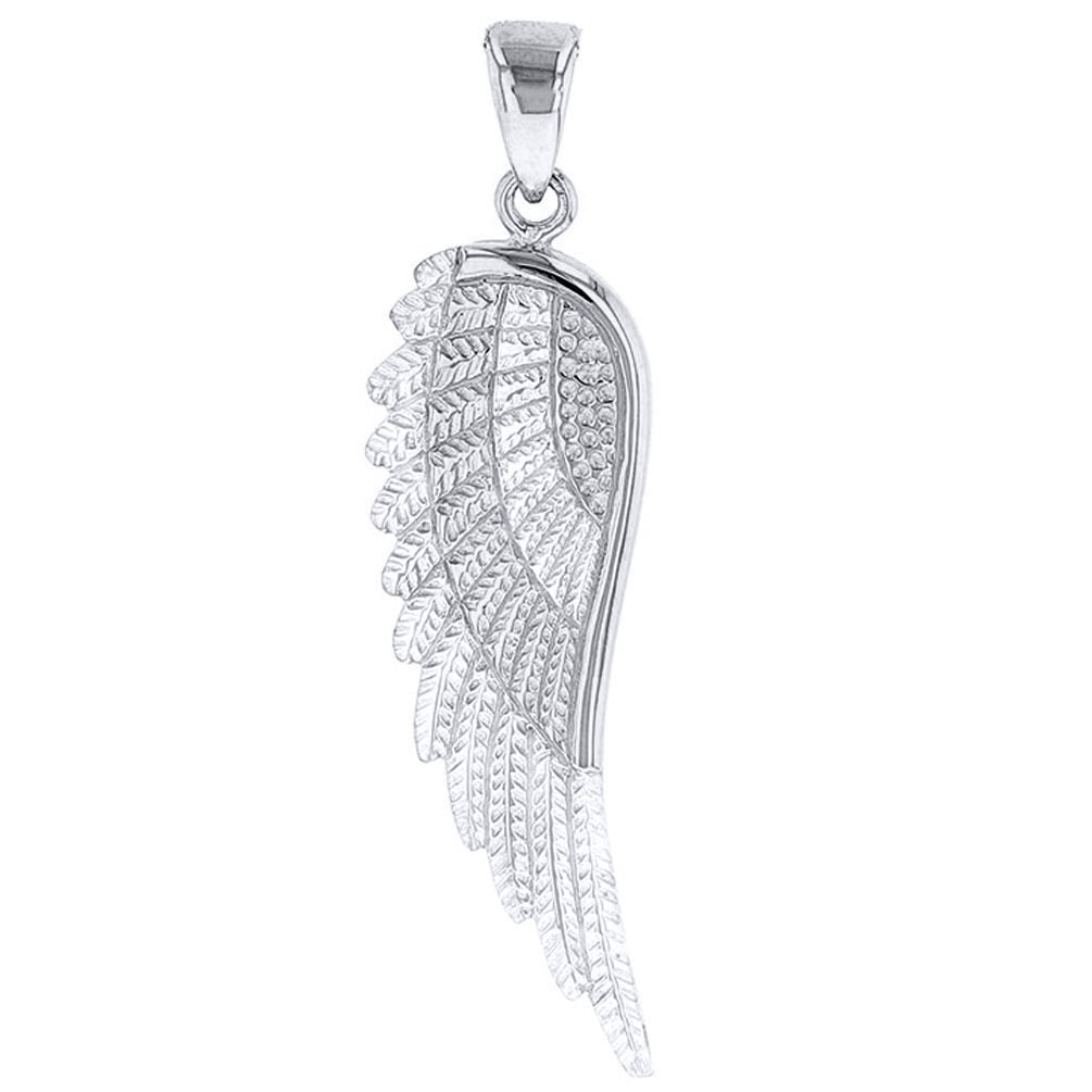 Solid 14k White Gold Textured Angel Wing Charm Pendant