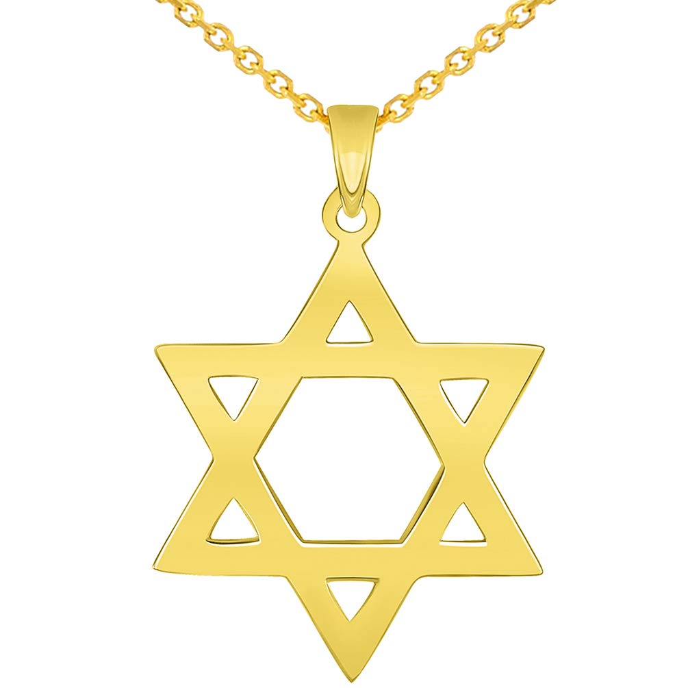 Solid 14k Yellow Gold 0.9mm Star Of David Pendant with Cable, Curb, or Figaro Chain Necklaces
