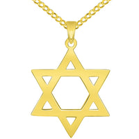 Load image into Gallery viewer, Solid 14k Yellow Gold 0.9mm Star Of David Pendant with Cable, Curb, or Figaro Chain Necklaces
