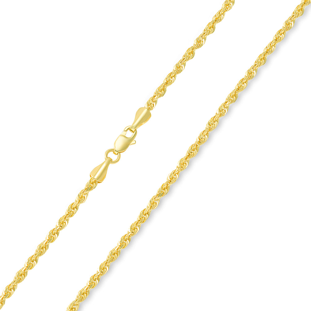 Solid 14k Yellow Gold 2.3mm Classic D/C Rope Chain Necklace with Lobster Claw Clasp