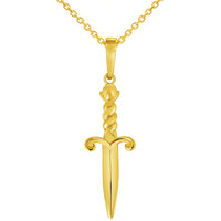 Load image into Gallery viewer, Solid 14k Yellow Gold 3D Dagger Knife Pendant with Rolo Cable, Cuban Curb, or Figaro Chain Necklace (1.25 Inch Height)
