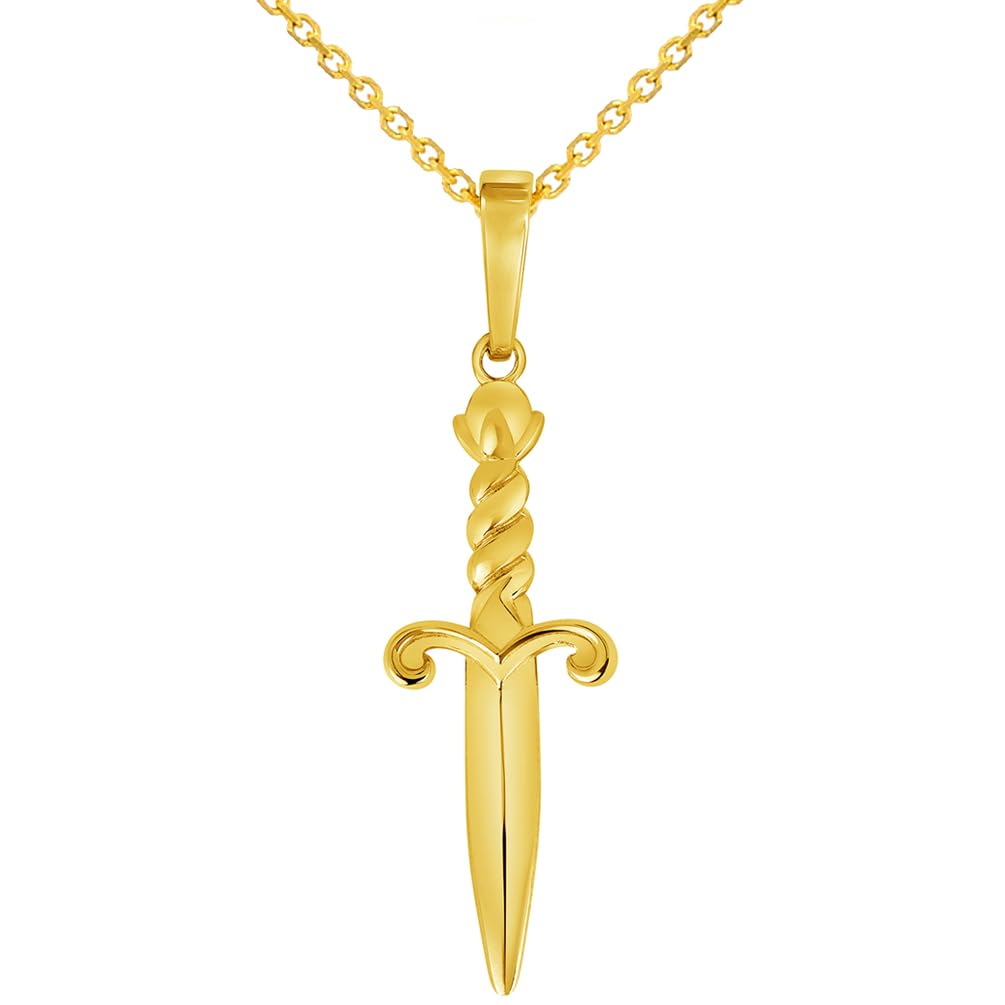 Solid 14k Yellow Gold 3D Dagger Knife Pendant with Rolo Cable, Cuban Curb, or Figaro Chain Necklace (1.25 Inch Height)