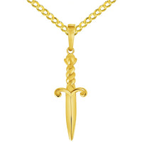 Load image into Gallery viewer, Solid 14k Yellow Gold 3D Dagger Knife Pendant with Rolo Cable, Cuban Curb, or Figaro Chain Necklace (1.25 Inch Height)
