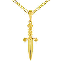 Load image into Gallery viewer, Solid 14k Yellow Gold 3D Dagger Knife Pendant with Rolo Cable, Cuban Curb, or Figaro Chain Necklace (1.25 Inch Height)
