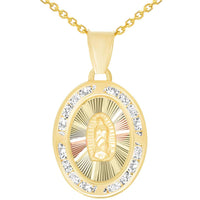 Load image into Gallery viewer, 14k Gold Cubic Zirconia Oval Shaped Our Lady Of Guadalupe Medallion Pendant Necklace with Rolo Cable, Curb Cuban, or Figaro Chain
