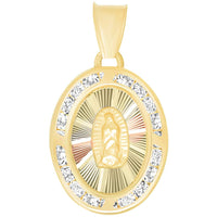 Load image into Gallery viewer, 14k Gold Cubic Zirconia Oval Shaped Our Lady Of Guadalupe Medallion Pendant Necklace with Rolo Cable, Curb Cuban, or Figaro Chain
